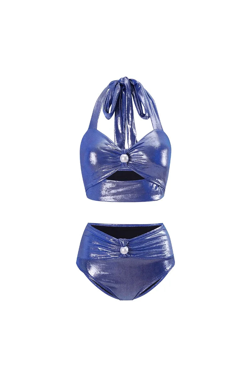 Traje de baño con cuello halter y escote en V profundo Glossy Mist Pearl