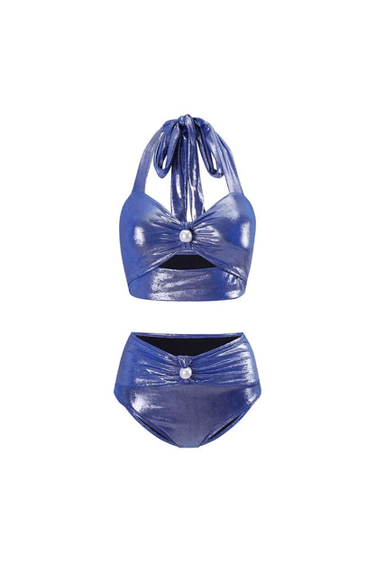 Traje de baño con cuello halter y escote en V profundo Glossy Mist Pearl