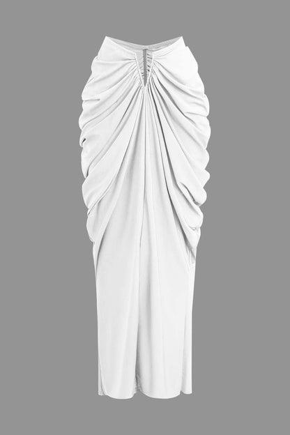Two Piece Ruched Top & V Shape Cut Waist Maxi Skirt Set