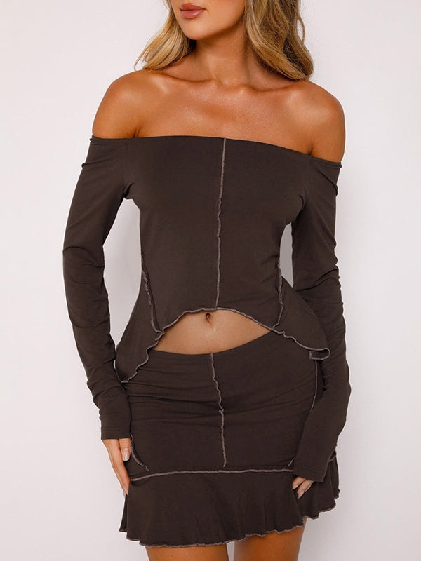 Off Shoulder Top-stitching Cropped Tee & Mini Skirt Set