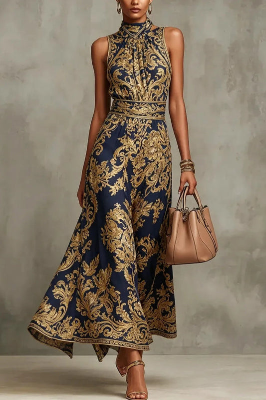 Vintage Gold Embroidered Long Dress