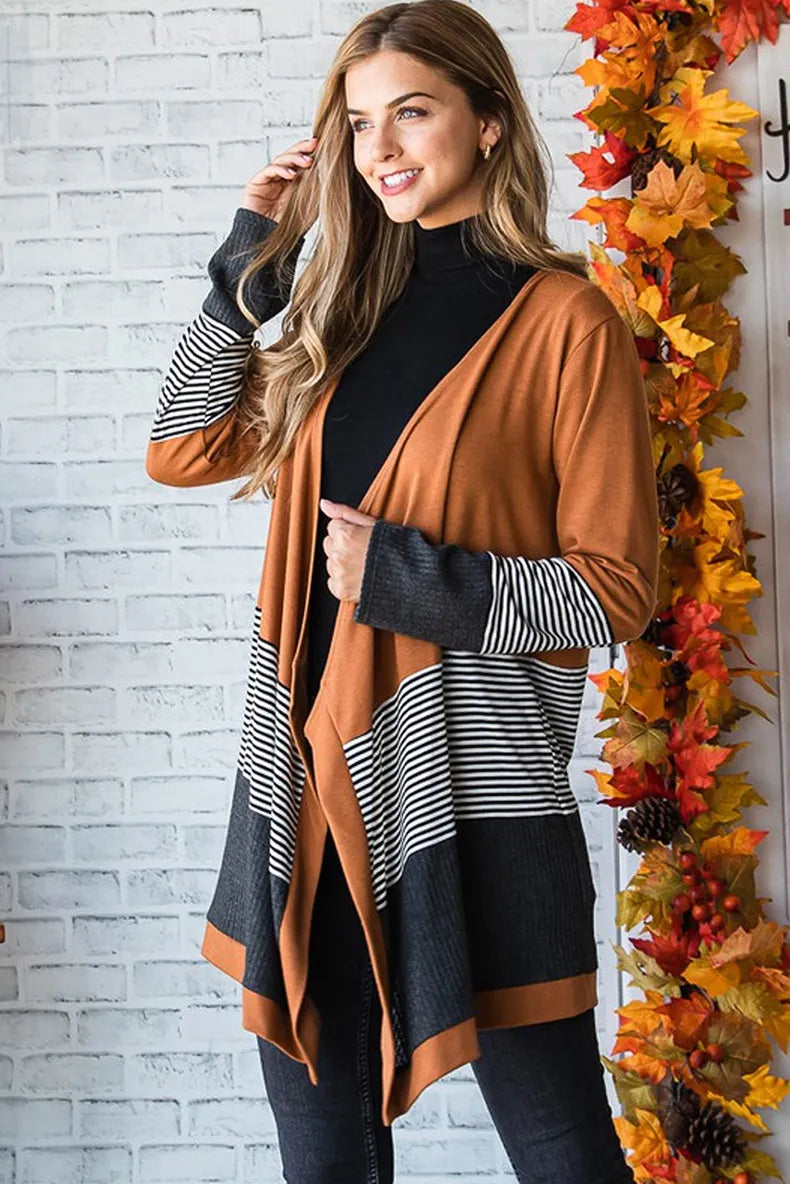 Cárdigan informal de punto con paneles de rayas de color para mujer | Ideal para otoño/invierno