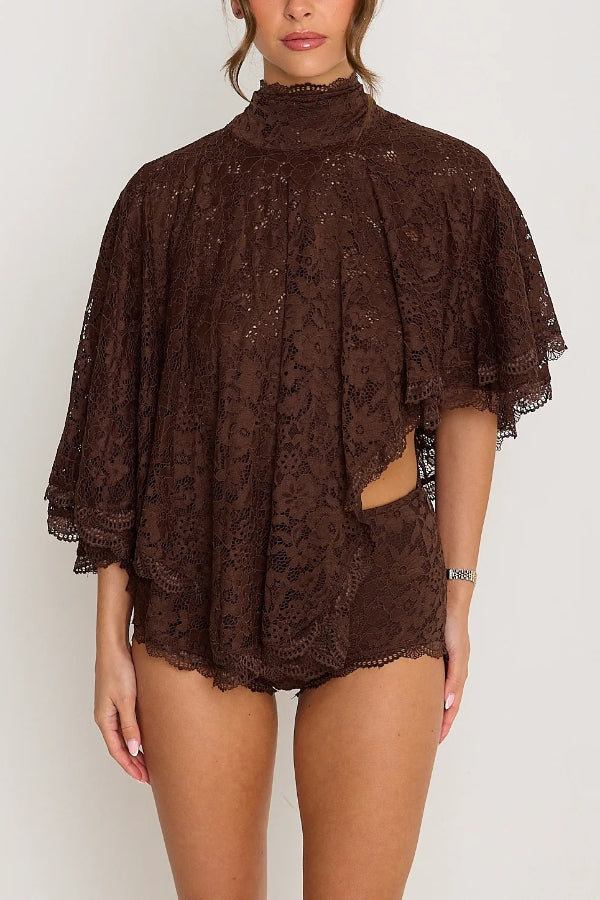 Stylish Openwork Lace Loose Top and Side Zipper Slim-fit Shorts Set