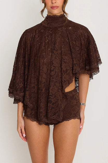 Stylish Openwork Lace Loose Top and Side Zipper Slim-fit Shorts Set