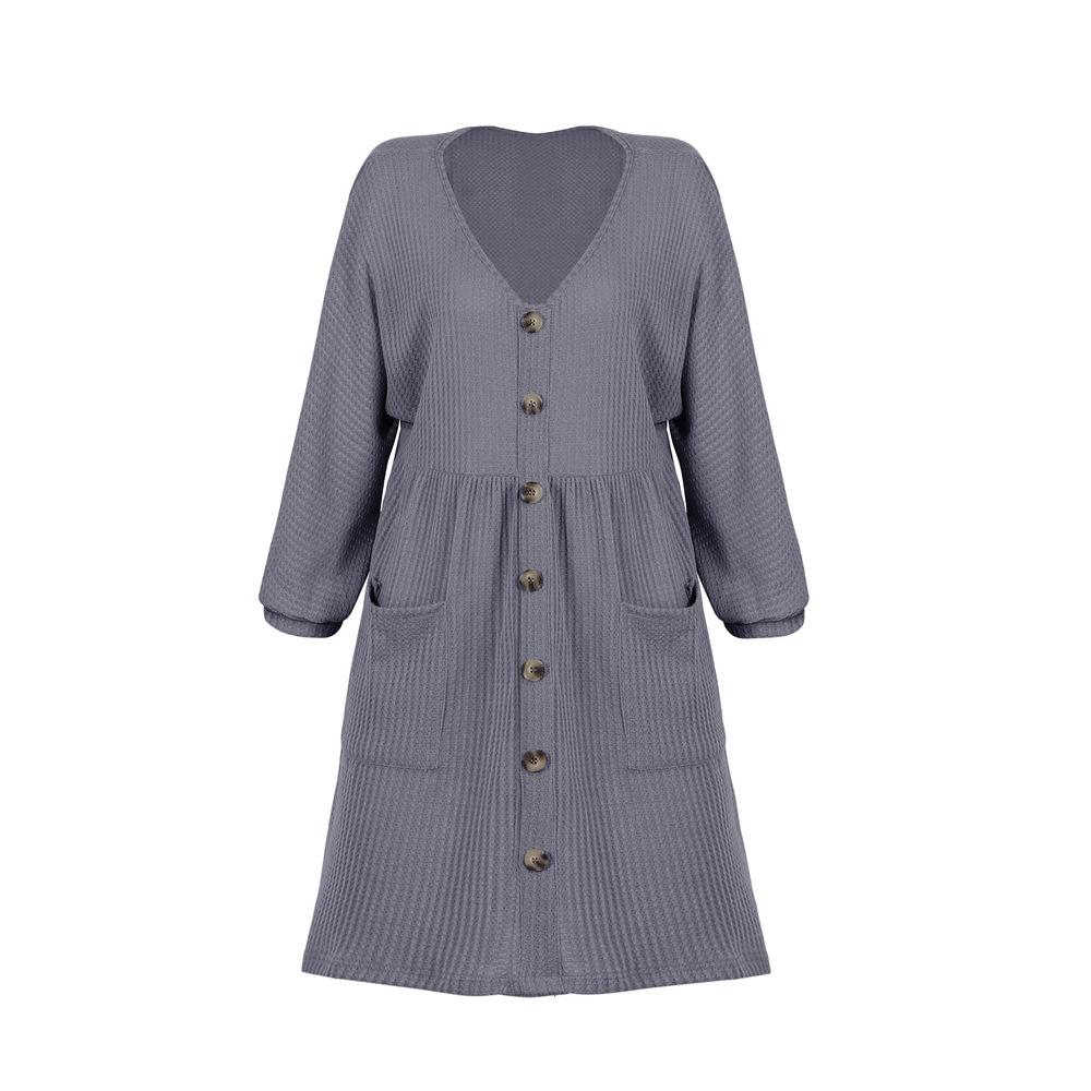V-Neck Buttoned Loose Knit Hem Mini Dresses