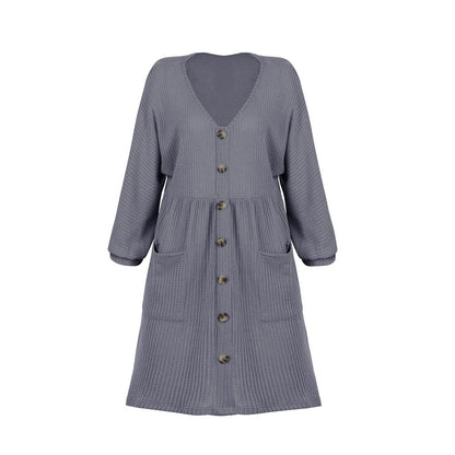 V-Neck Buttoned Loose Knit Hem Mini Dresses