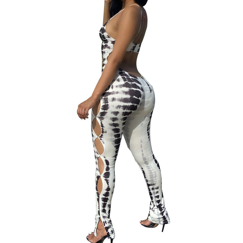 Spring Summer Women Clothing Printed Sexy Backless Suspenders Jumpsuit