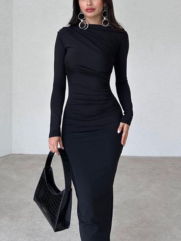 Solid Ruched Long Sleeve Maxi Dress