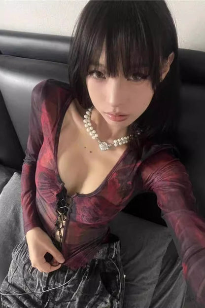 Sexy Red Y2K Lace Up Mesh Top