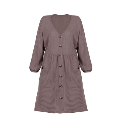 V-Neck Buttoned Loose Knit Hem Mini Dresses