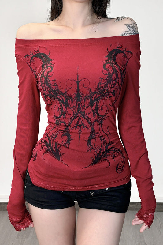 E-girl Dark Print Lace Trim Off Shoulder Slim T-shirt