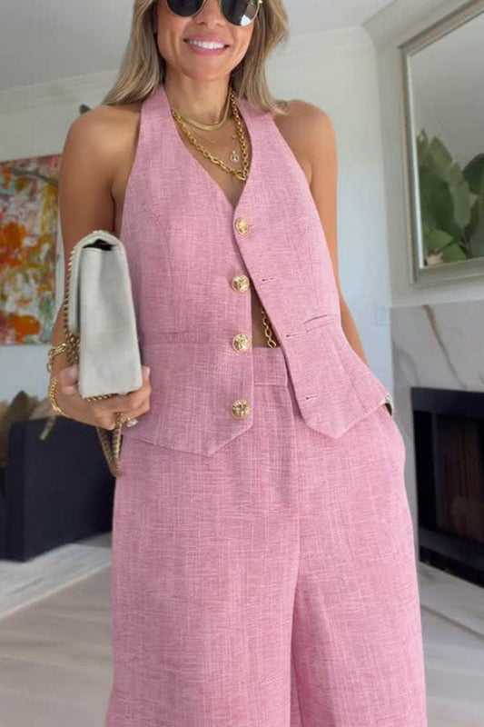 City Outfit Linen Blend Metal Button Halter Vest and Pocket Wide Leg Pants Set