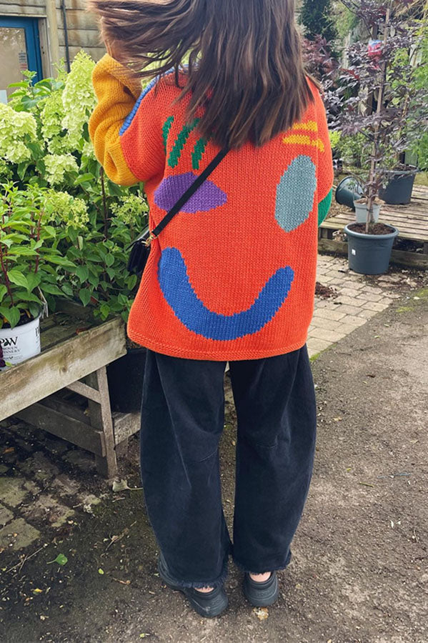 Feel Good Knit Colorful Smiley Face Loose Pullover Sweater