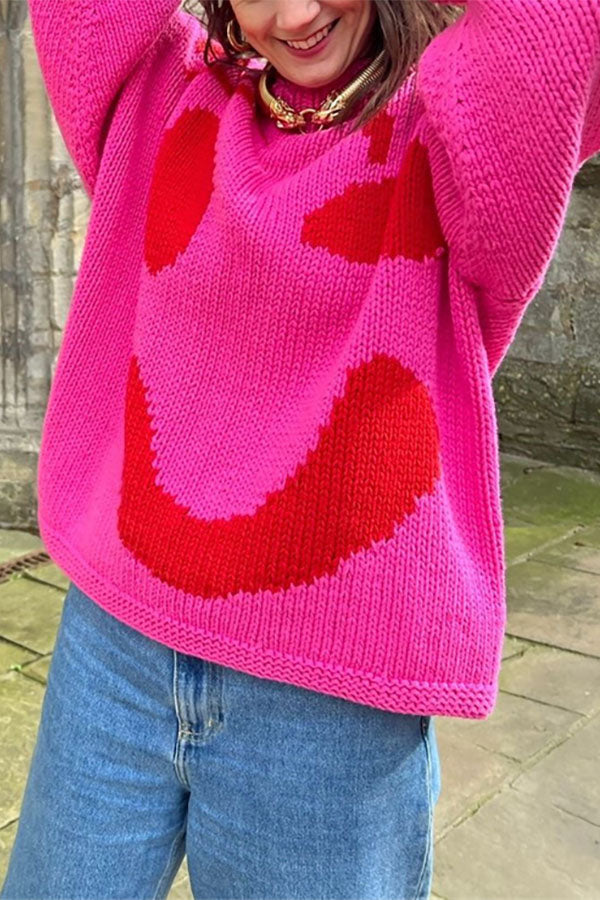 Feel Good Knit Colorful Smiley Face Loose Pullover Sweater