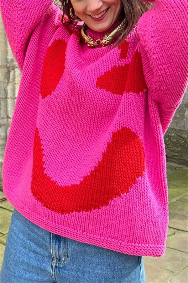 Feel Good Knit Colorful Smiley Face Loose Pullover Sweater