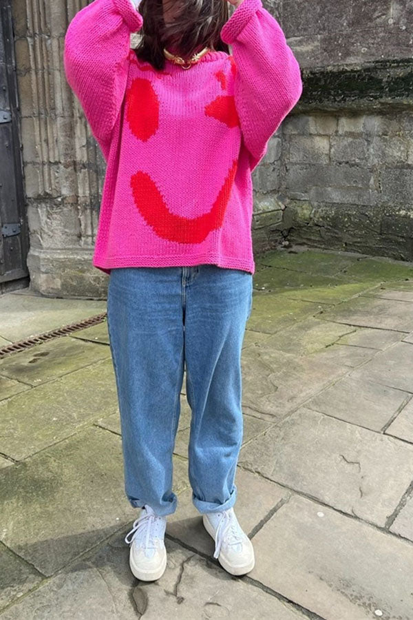Feel Good Knit Colorful Smiley Face Loose Pullover Sweater