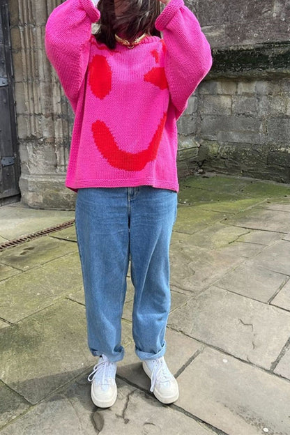 Feel Good Knit Colorful Smiley Face Loose Pullover Sweater
