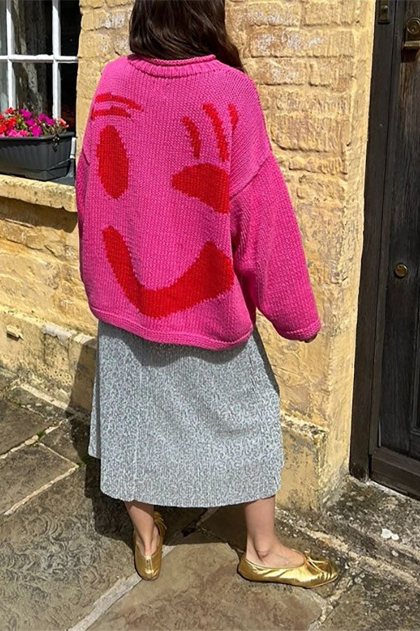 Feel Good Knit Colorful Smiley Face Loose Pullover Sweater