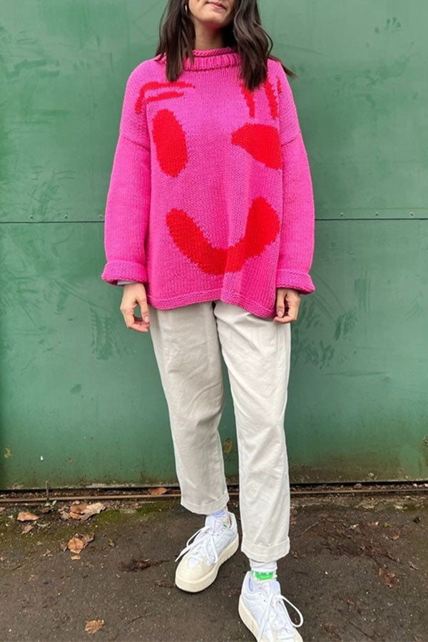 Feel Good Knit Colorful Smiley Face Loose Pullover Sweater