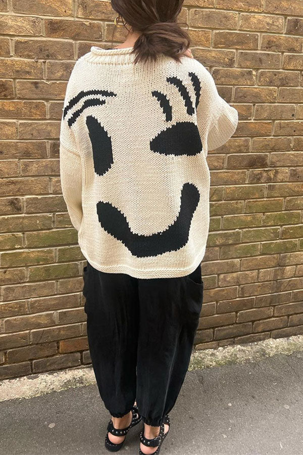 Feel Good Knit Colorful Smiley Face Loose Pullover Sweater