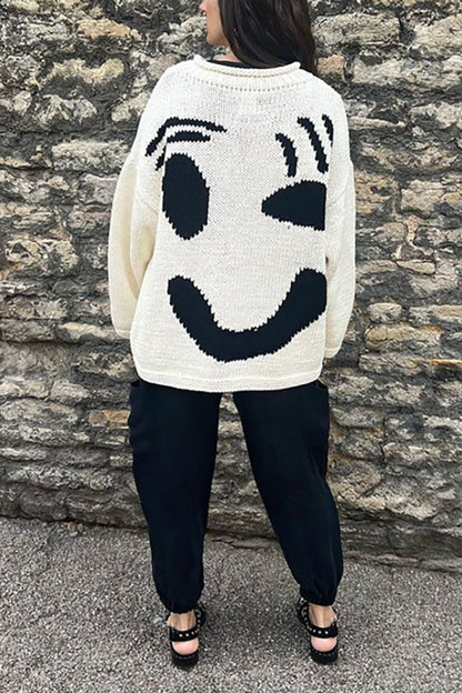 Feel Good Knit Colorful Smiley Face Loose Pullover Sweater