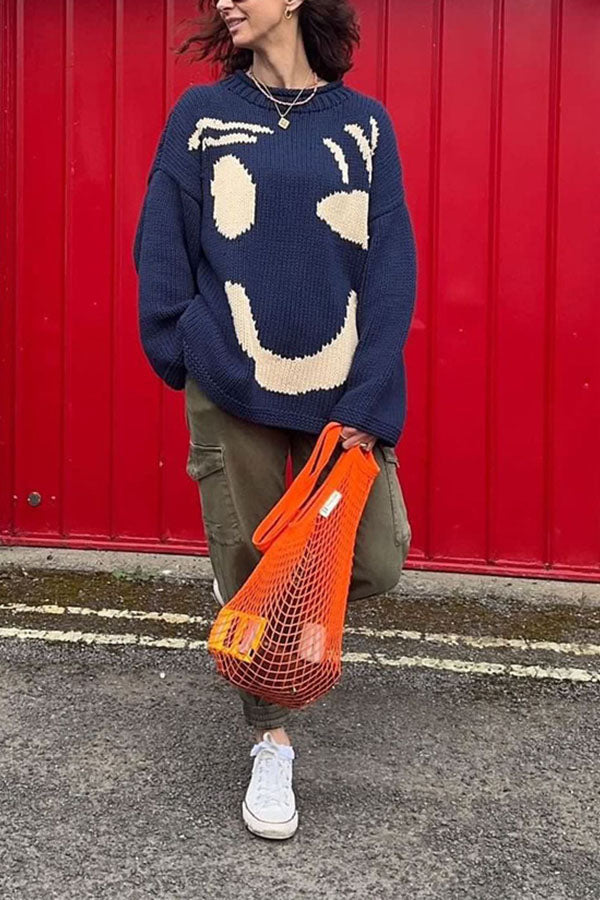 Feel Good Knit Colorful Smiley Face Loose Pullover Sweater