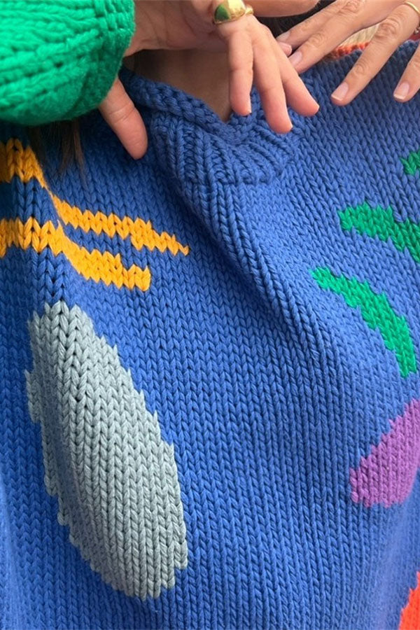 Feel Good Knit Colorful Smiley Face Loose Pullover Sweater