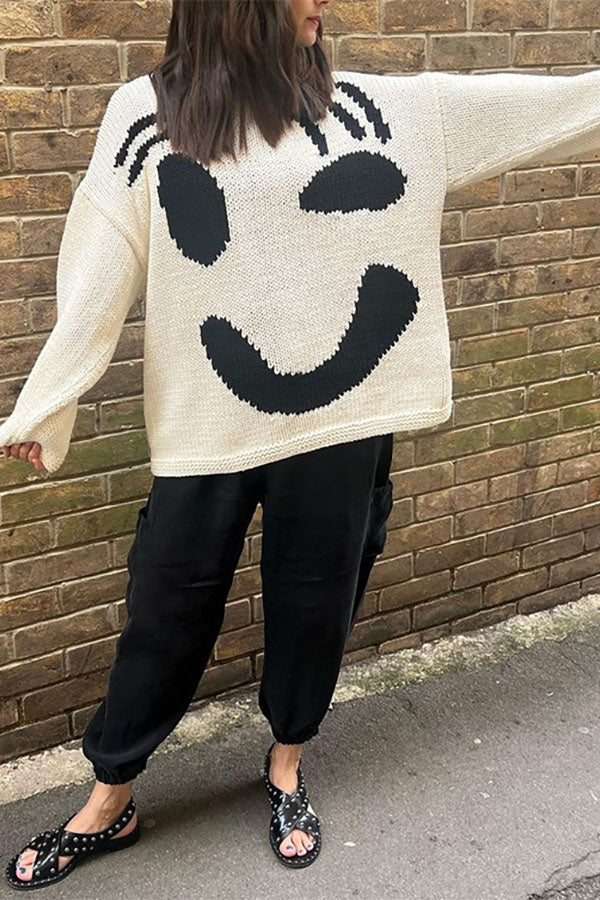 Feel Good Knit Colorful Smiley Face Loose Pullover Sweater