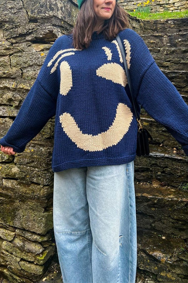 Feel Good Knit Colorful Smiley Face Loose Pullover Sweater