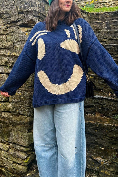 Feel Good Knit Colorful Smiley Face Loose Pullover Sweater