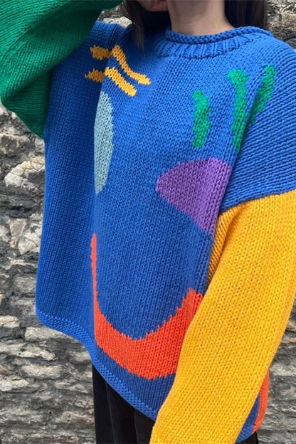 Feel Good Knit Colorful Smiley Face Loose Pullover Sweater