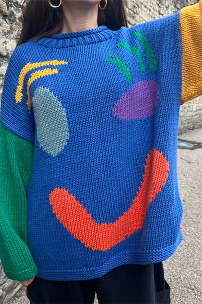Feel Good Knit Colorful Smiley Face Loose Pullover Sweater