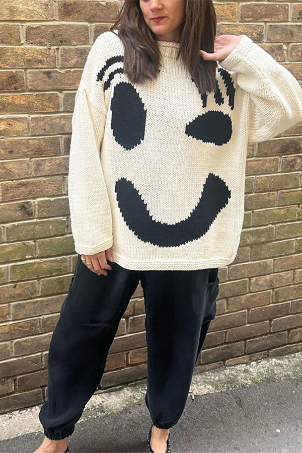 Feel Good Knit Colorful Smiley Face Loose Pullover Sweater