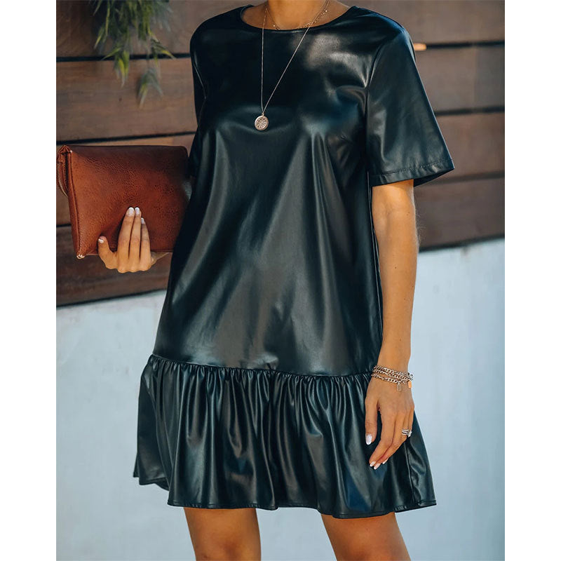 Autumn Winter Office Ruffled Loose Slimming Patent Leather Faux Leather Short Sleeve Dress