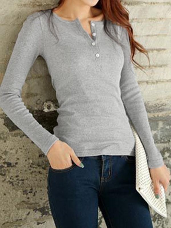 Solid Ribbed Breasted Long Sleeve Tee