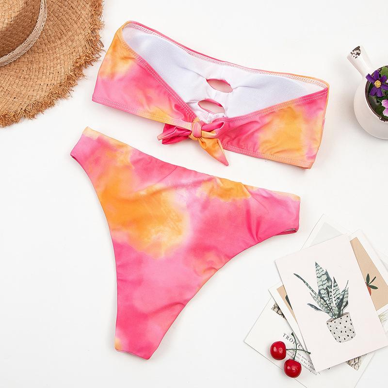 Two-Piece Tropical Colorful High-Waist Tube Top Bikini