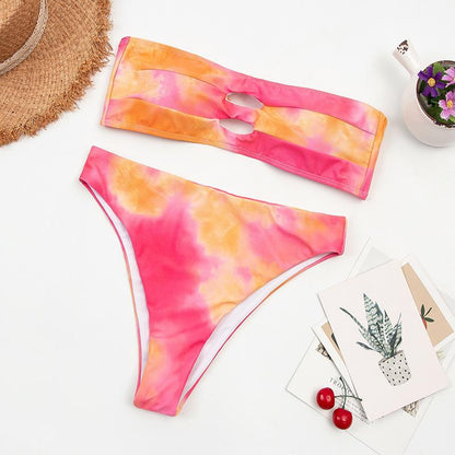 Two-Piece Tropical Colorful High-Waist Tube Top Bikini