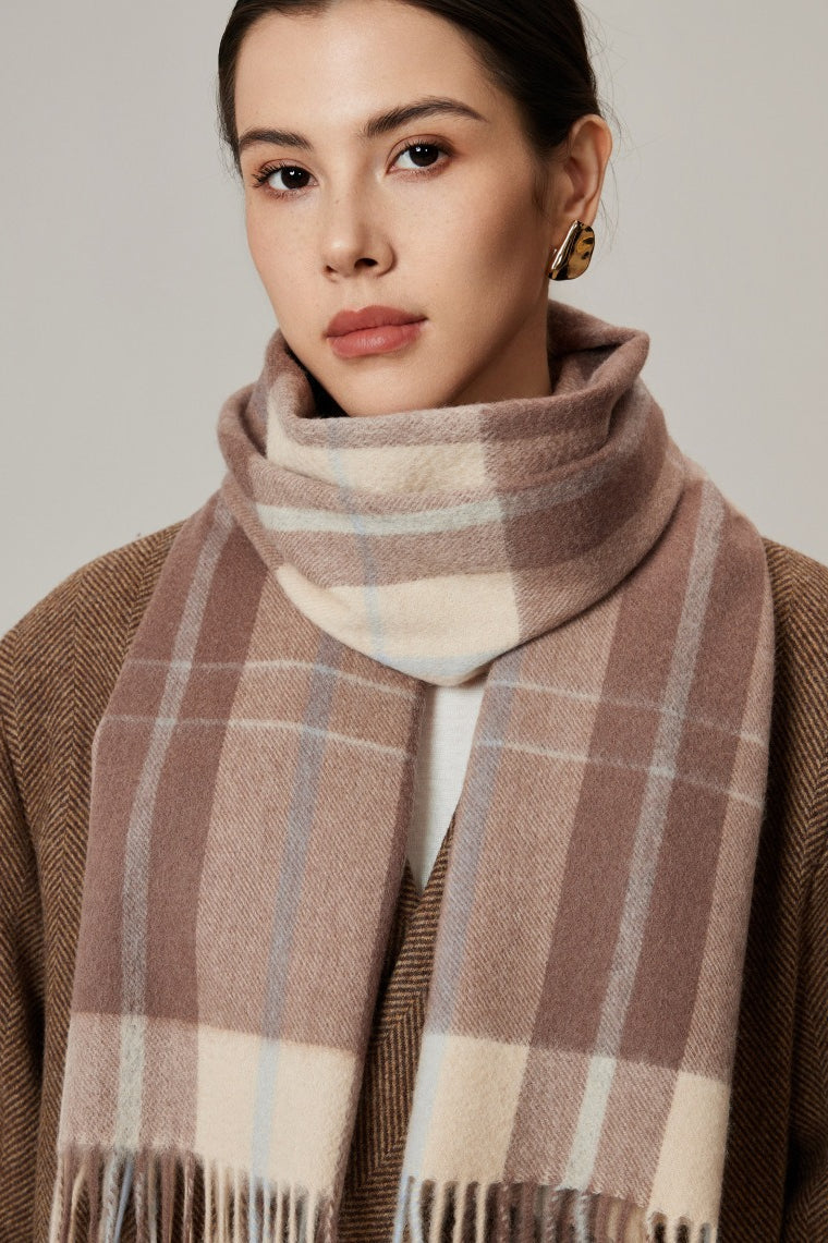 Wool Plaid Minimalist Fringed Scarf