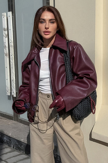 Vintage Wine Red Leather Biker Jacket