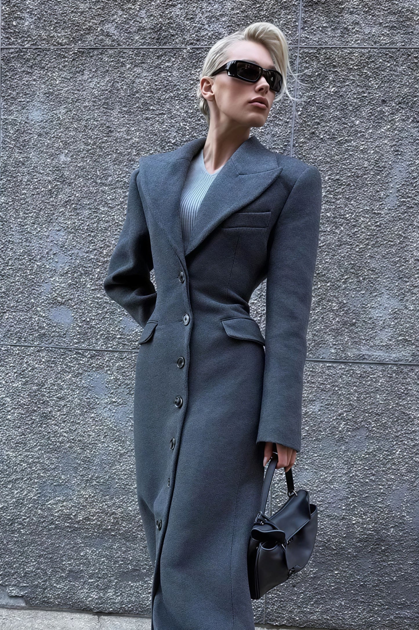 Wool Blend Elegant Lapel High Waist Long  Overcoat