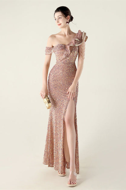 Draped One Shoulder Ruffle Formal Dress