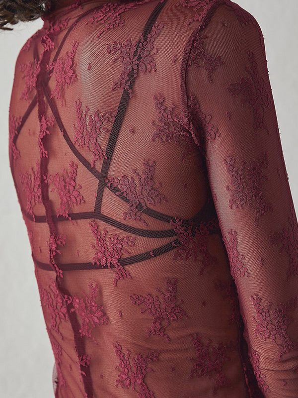 Solid See Through Lace Mock Neck Long Sleeve Tee