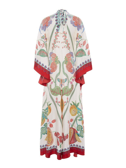 Floral Print Three-quarter Sleeve Stand Collar Long Dress