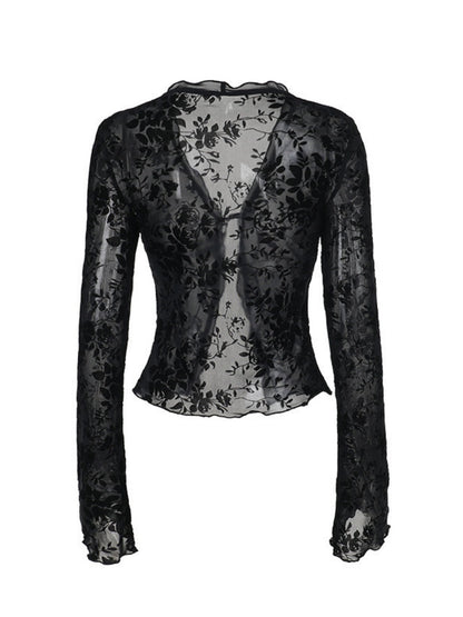 Deep V-neck Chiffon Burning Flowers Long Sleeve Designer Shirt