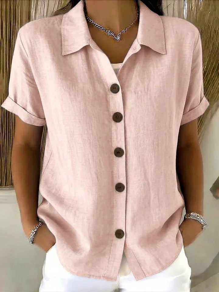 Button-up Cotton Linen Solid Color Short-sleeved T-shirt