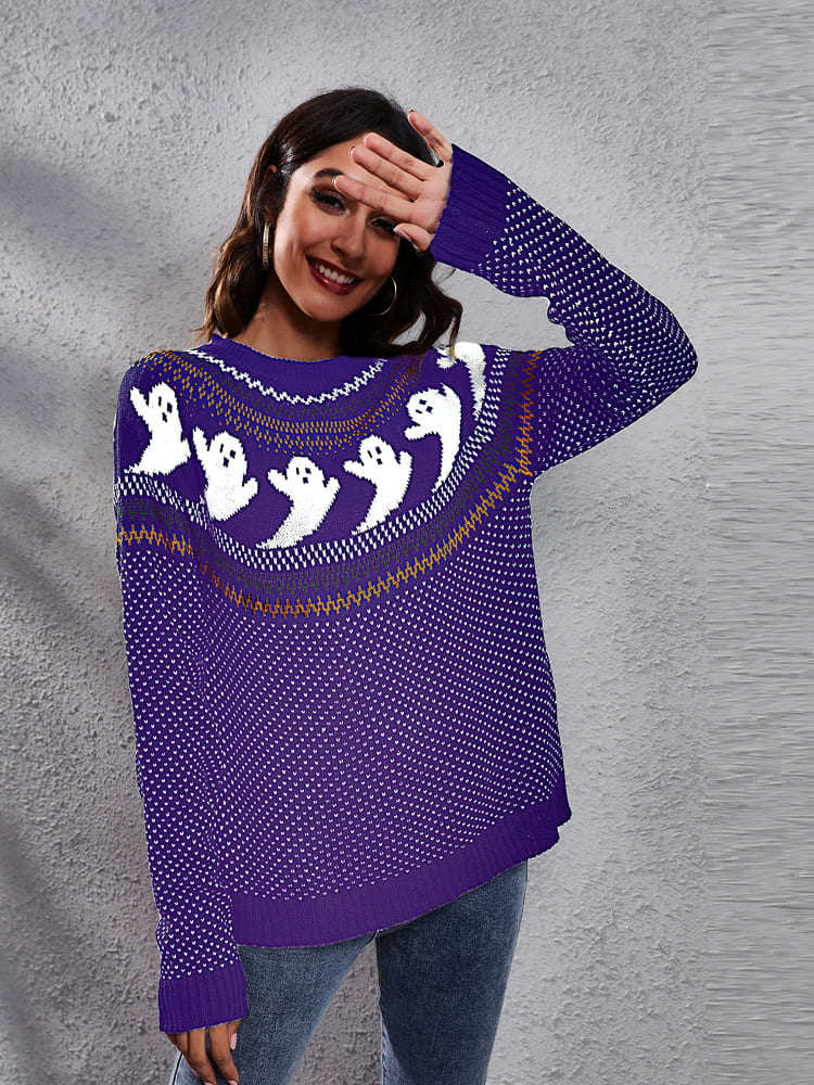 Suéter de punto con cuello redondo y estampado de fantasmas retro literario 