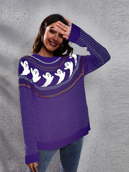 Suéter de punto con cuello redondo y estampado de fantasmas retro literario 