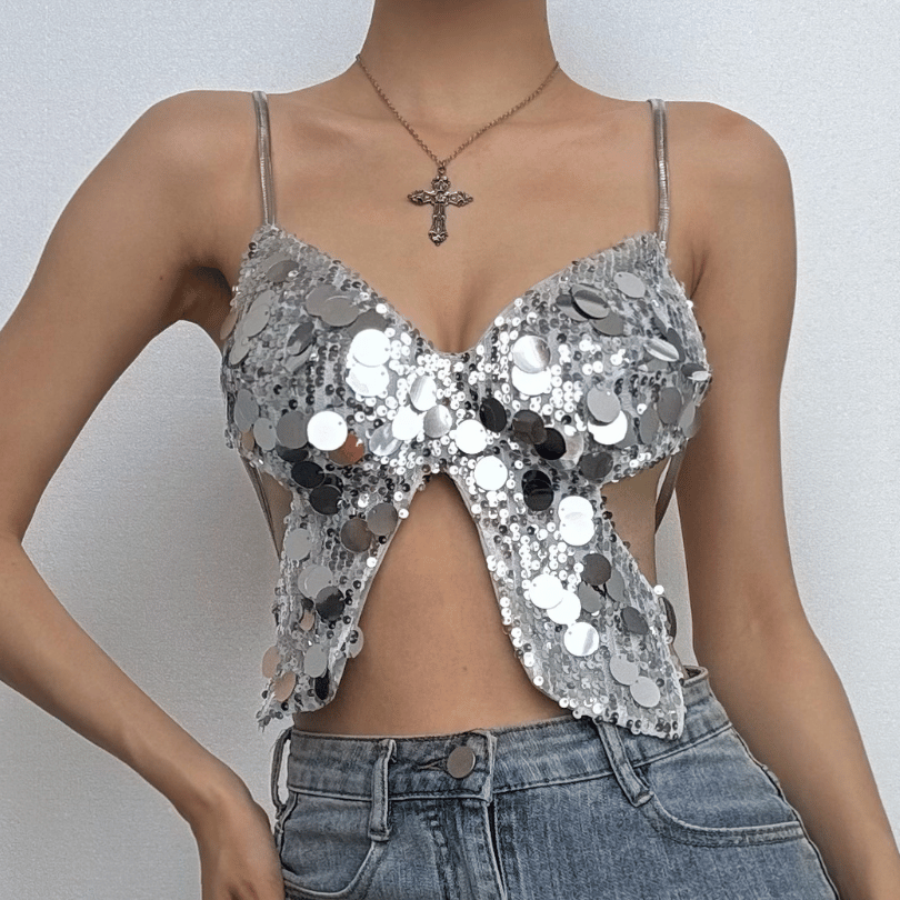 Butterfly pattern glitter lace up cami top  | Festival Outfits Women