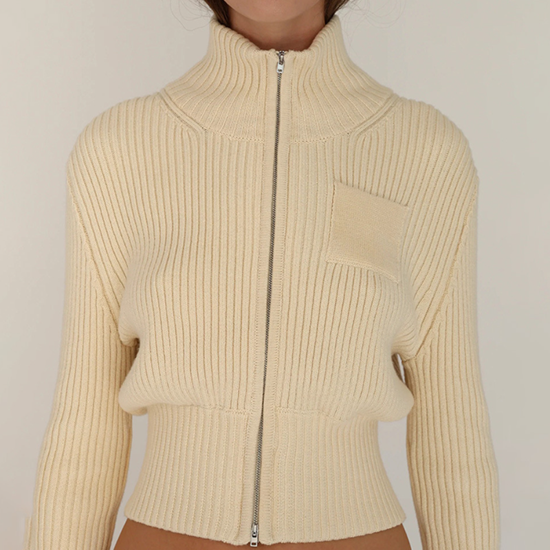 Long sleeve zip-up high neck solid top  | Festival Outfits Women