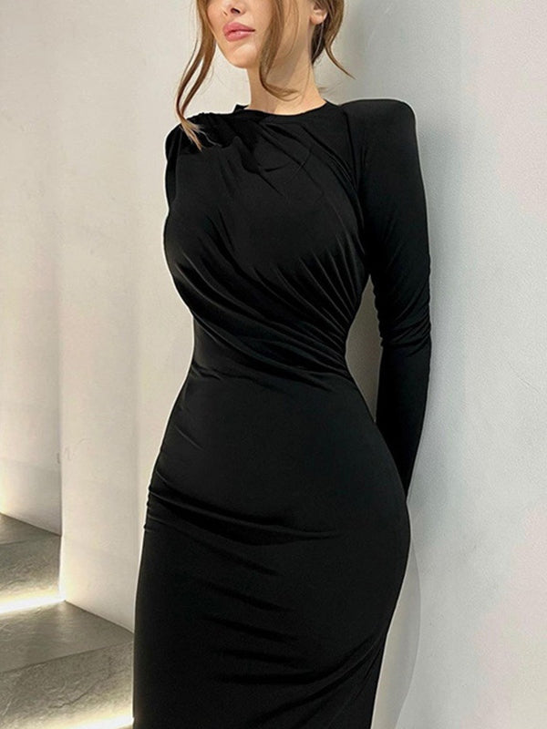 Solid Ruched Long Sleeve Maxi Dress